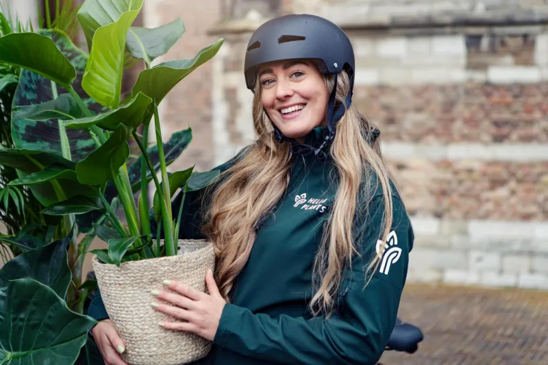 A courier carrying a green plant